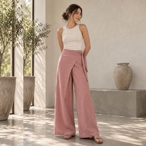 Top Ranking Alibaba Supplier Summer Casual Loose Breathable White Ribbed Top with Mid Waist Pink Wrap Trousers Wholesale - Product Image 1