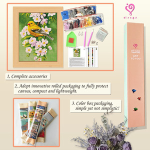 Kit de Peinture Diamant Oiseau Jaune avec Fleurs, Perles Rondes, Kit d'Art DIY, Décoration Pastorale Encadrée Rectangulaire en Strass de Cristal - Product Image 3