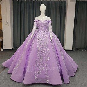 Lsany215 Robe de bal de Quinceañera moderne et romantique, violette, avec appliques florales 3D, décolleté cœur, traîne chapelle et perles, pour bal de promo - Product Image 3