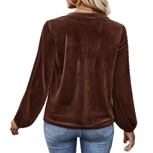 Primavera terciopelo linterna <span class=keywords><strong>manga</strong></span> larga Blusas <span class=keywords><strong>Manga</strong></span> Larga Mujer botón cuello en V camisetas Casual blusa Tops al por mayor - Product Image 4