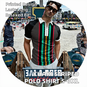 S-3XL for POLO Lapel Casual Summer Daily <b>T</b>-<b>Shirt</b> Regular Short Sleeve <b>Khaki</b> Striped Top with Zip Neck Woven Fabric Printed - Product Image 2
