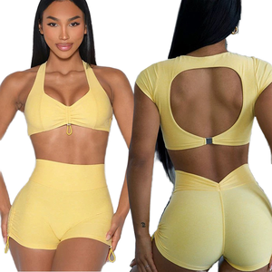 Haut de sport dos nu pour le yoga, taille haute, effet galbant des fesses, très extensible, séchage rapide, coupe ajustée devant, avec coussinets de poitrine, short de sport fitness tendance - Product Image 1