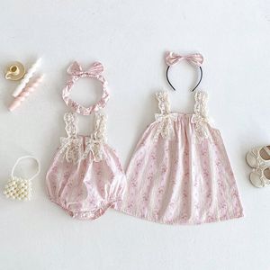Chị Em Mùa Hè Mới Bé Gái Không Tay Romper Hairband Set Mỏng Ren Bow Trẻ Em Của In Ăn Mặc Ngọt Ngào Trẻ Em Quần Áo - Product Image 2