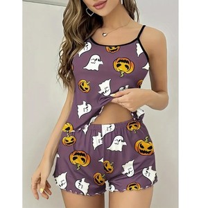Conjunto de pijama camisola de Halloween para mujer, ropa de dormir con estampado de calabaza y <span class=keywords><strong>fantasma</strong></span>, pantalones cortos con dobladillo con volantes, ropa ligera para estar en casa - Product Image 5