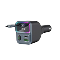 Cable USB-C Retráctil Doble, Cargador Rápido PD de 65W, Adaptador de 4 Puertos, Pantalla de Voltaje, 12-24V, Encendedor de Cigarrillos para Auto, Iluminación RGB LED