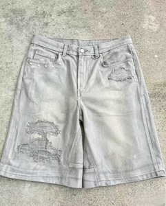 Shorts Bermuda en toile délavée grise pour homme, taille mi-haute, fermeture boutonnée, style décontracté déchiré, 100 % coton - Product Image 3