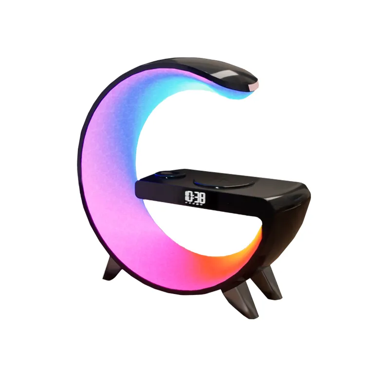 2023 Hot G-shaped Atmosphere LED Night Light BT Speaker Music Lamp Alarm Clock Smart Light With 15W Wireless Charger