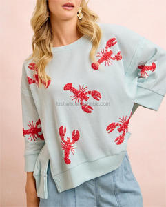 Sudadera de punto gofrado con lentejuelas de menta y bordado de langosta para el <span class=keywords><strong>4</strong></span> de julio, cuello redondo oversize, manga 3/<span class=keywords><strong>4</strong></span>, top casual para mujer - Product Image 4