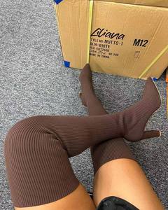Stivali Sopra il Ginocchio da <span class=keywords><strong>Donna</strong></span> in Maglia a Costine Bianchi, Punta Affusolata, Tacco Grosso, Stivaletti Elasticizzati per Autunno Inverno - Product Image 6