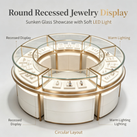 Vitrine de présentation de bijoux ronde à deux niveaux, rotative, en verre, avec tiroir de rangement