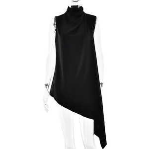 Haut asymétrique sans manches en satin pour femme, couleur unie, col haut, t-shirt pour un style décontracté et élégant - Product Image 5