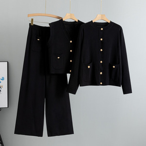 Ensemble pull tricoté pour femme avec pantalon large et gilet cardigan 100 % coton respirant, tenue décontractée printemps-automne - Product Image 3