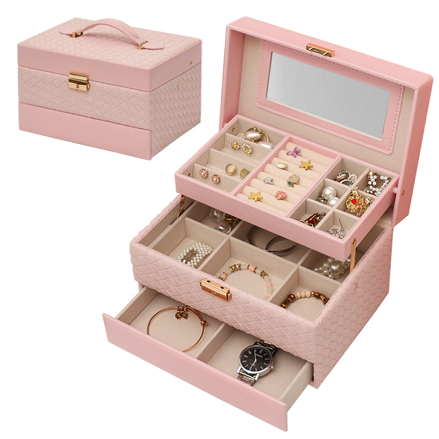 Luxury Large 3 Layer Jewelry Organizer Box With Mirror Portable Leather Jewellery Storage Case for Bracelet Watch Ladies Gifts