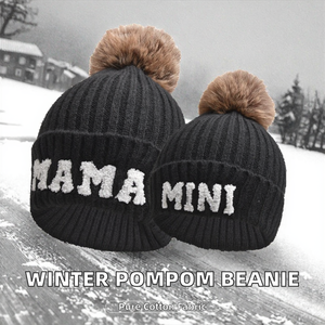 Chapeau beanie en tricot pour femmes et enfants, avec <span class=keywords><strong>pompon</strong></span>, couleur unie, maman et moi, épais, avec inscription mini lettre - Product Image 2