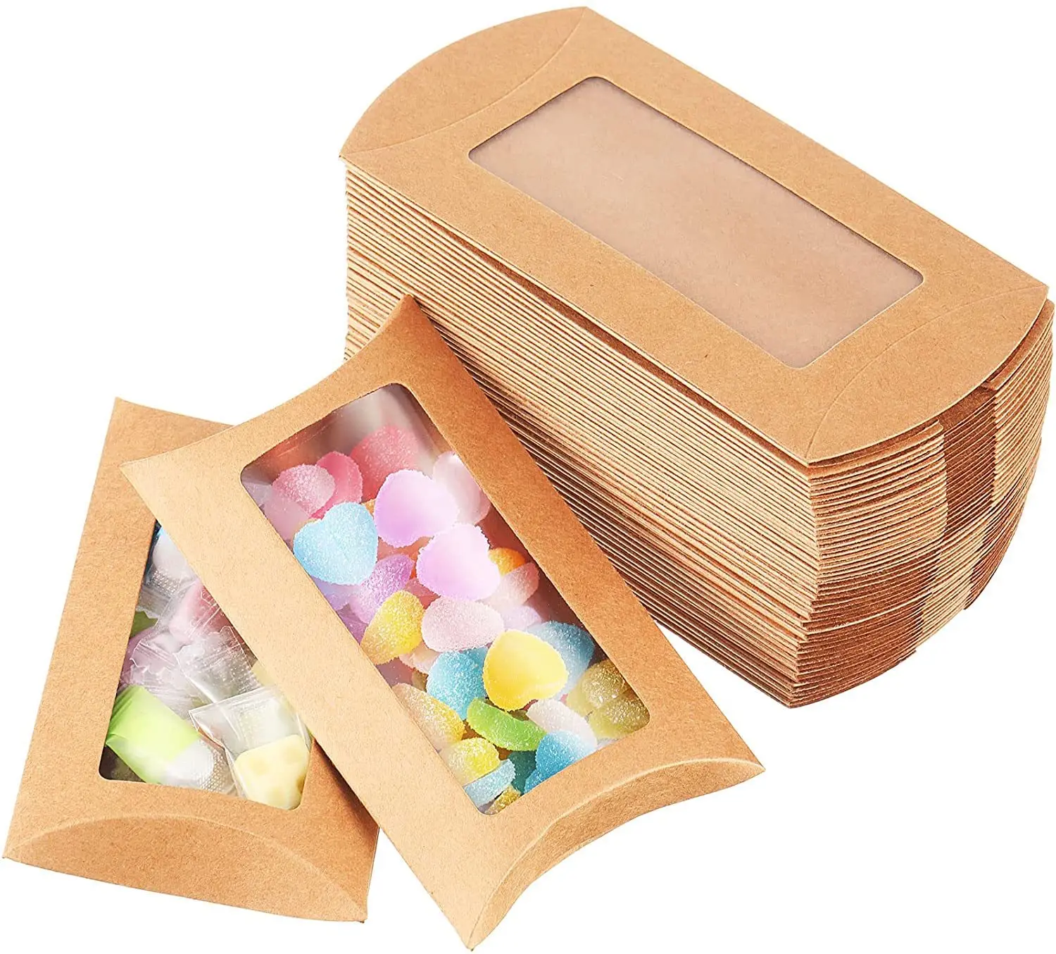 Cajas Regalo กล่องของขวัญกระดาษคราฟท์สีน้ำตาลทรงหมอนพับได้ขายส่งพร้อมหน้าต่างใส