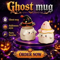 Mug à café en céramique blanc brillant, en forme de fantôme d'Halloween, avec yeux mignons à pois, sourire éclatant, poignée à volants et bord festonné ondulé