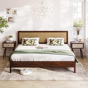 Base de <span class=keywords><strong>Cama</strong></span> Moderna Estilo Bohemio HY, Cabecera Ajustable de Madera de Nogal, Estilo Rústico Vintage Único, No Requiere Somier, Fácil Montaje - Product Image 1
