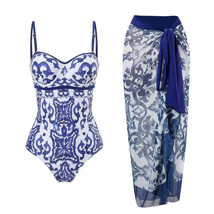 Costume da bagno donna intero Bikini blu e bianco stampato in porcellana gonna Set costume da bagno asimmetrico da spiaggia per le vacanze femminili