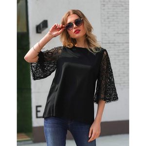 Blusa holgada de punto con encaje elegante para mujer, manga 3/4, color negro, talla S, para uso diario - Product Image 3