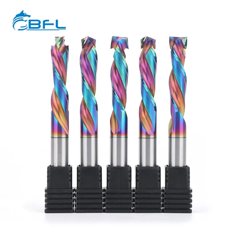 BFL Tungsten Alloy 3 Flute Up and Downcut Herramientas de fresado de compresión para trabajar la madera con nano recubrimiento azul