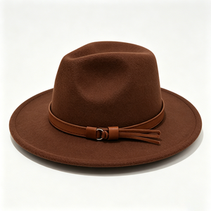 Chapeau Fedora en feutre de laine marron avec bande en cuir, style Panama à large bord uni, pour hommes et femmes, vintage, pour fêtes jazz, toutes saisons - Product Image 2
