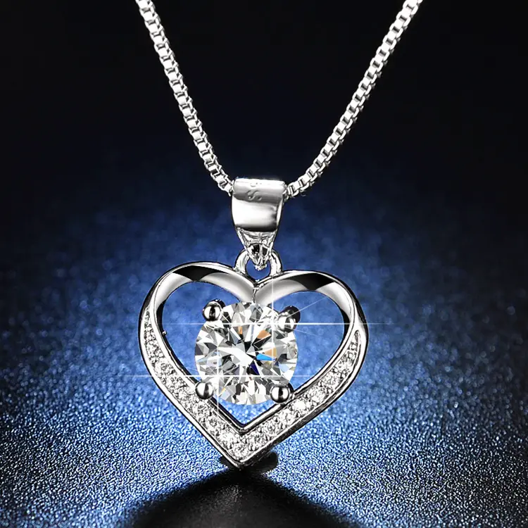 Fashion 925 Sterling Silver Fine Jewelry Invisible 2.0ct Round Diamond Cubic Zirconia CZ Love Heart Pendant Necklace For Wedding