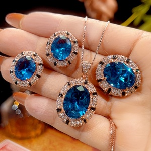 Fashion Eco-friendly Copper Gold Plated Oval Cut 12*16MM 10*12MM Zircon Blue <b>Crystal</b> Gemstone Necklace 3 Piece Jewelry <b>Set</b> Tu - Product Image 1