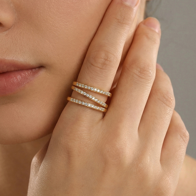 Wholesale Fashion Jewelry 18k Gold Plated Stainless Steel Simple Dainty Design Micro-set Zircon Three-layer Open Rings for Women