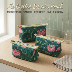 Juego de 3 Bolsas Acolchadas de Lujo Personalizadas, Bolsa de Aseo de Algodón Jaipur con Estampado de Bloques, Organizador de Maquillaje, Estuche Cosmético Portátil y Moderno - Product Image 5