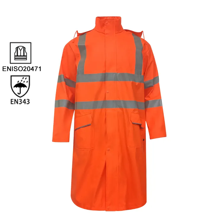 Manufacture Waterproof Breathable Security high visibility reflective PU rain coat