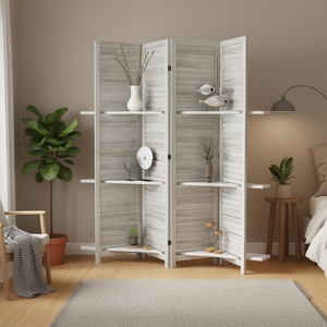 Paravent en bois blanc, séparateur de pièce, 4 panneaux, 3 étagères, pliable, design rustique pour chambres - Product Image 2