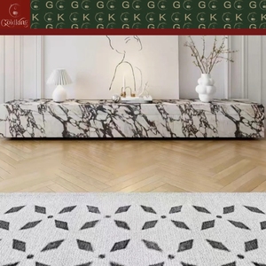 Console TV moderne et artistique pour salon, en marbre Calacatta à base blanche et veines noires, 3 tiroirs à ouverture par pression, découpe sur mesure OEM - Product Image 2