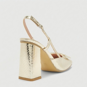 Escarpins en cuir doré de haute qualité à bout carré avec bride en T et boucle, talon bloc, tendance mode toutes saisons - Product Image 4