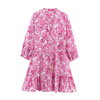 Robe d'été bohème à imprimé floral, col en V, manches longues, taille à cordon, mini robe de plage pour les vacances d'été pour femmes