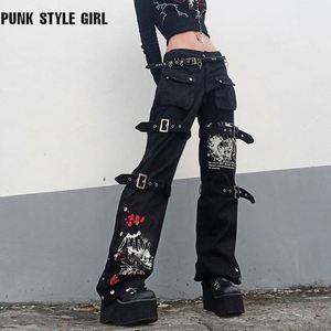 Goth Quần Denim Màu Đen Phong Cách Punk Quần Cyber Y2k Quần Túi Hộp Emo Alt Phong Cách Gothic Tối Màu Trang Phục Công Nghệ Quần Jean Nữ Rộng Thùng Thình Hippie Cho Mẹ