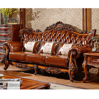 Ensemble de Canapés Chesterfield Classique Européen Meubles de Salon Sculpture sur Bois, Canapé en Cuir Sculpté 3 Places Combinaison 123