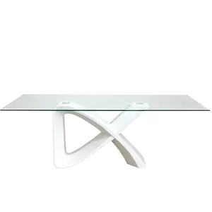 Custom <b>Glass</b> Top Office <b>Desk</b> Curved X Shaped FRP Base Table for Interior and Patio Use - Product Image 2