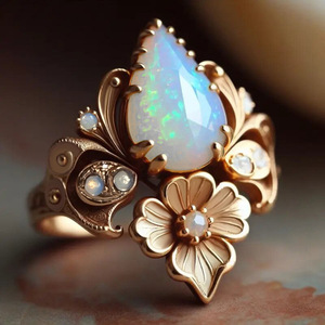 Anello da donna con motivo floreale, stile naturale, micro incastonatura, effetto opale, elegante accessorio gioiello di tendenza - Product Image 1
