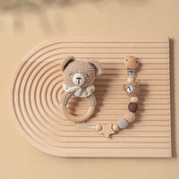 Coffret Cadeau Bio pour Nouveau-né : Lapin, Lion, Ours en Peluche, Éléphant, Renard, Hochet en Bois, 2 Hochets Animaux au Crochet, Attache-Sucette