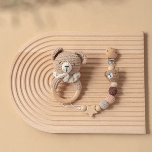 Coffret Cadeau Bio pour Nouveau-né : Lapin, Lion, Ours en Peluche, Éléphant, Renard, Hochet en Bois, 2 Hochets Animaux au Crochet, <span class=keywords><strong>Attache</strong></span>-Sucette - Product Image 5