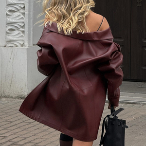 Tendenze della moda nuovo <span class=keywords><strong>abbigliamento</strong></span> in pelle sintetica bordeaux Set di abiti da donna 2 pezzi giacca cappotto e vestito donna - Product Image 5