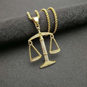 Collier Pendentif Zodiaque Balance en Acier Inoxydable Plaqué Or avec Sertissage Pavé, Chaîne 3mm 61cm, Bijoux Hip Hop - Product Image 2