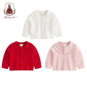 Venta al por mayor bordado ropa <span class=keywords><strong>de</strong></span> niños hueco sólido Collar Color <span class=keywords><strong>de</strong></span> punto <span class=keywords><strong>de</strong></span> bebé niñas suéteres Cardigan con botón - Product Image 5