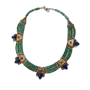 Collier pendentif vintage en turquoise naturelle, corail et lapis-lazuli avec argent sterling 925, fait main, unisexe, chaîne à perles - Product Image 1