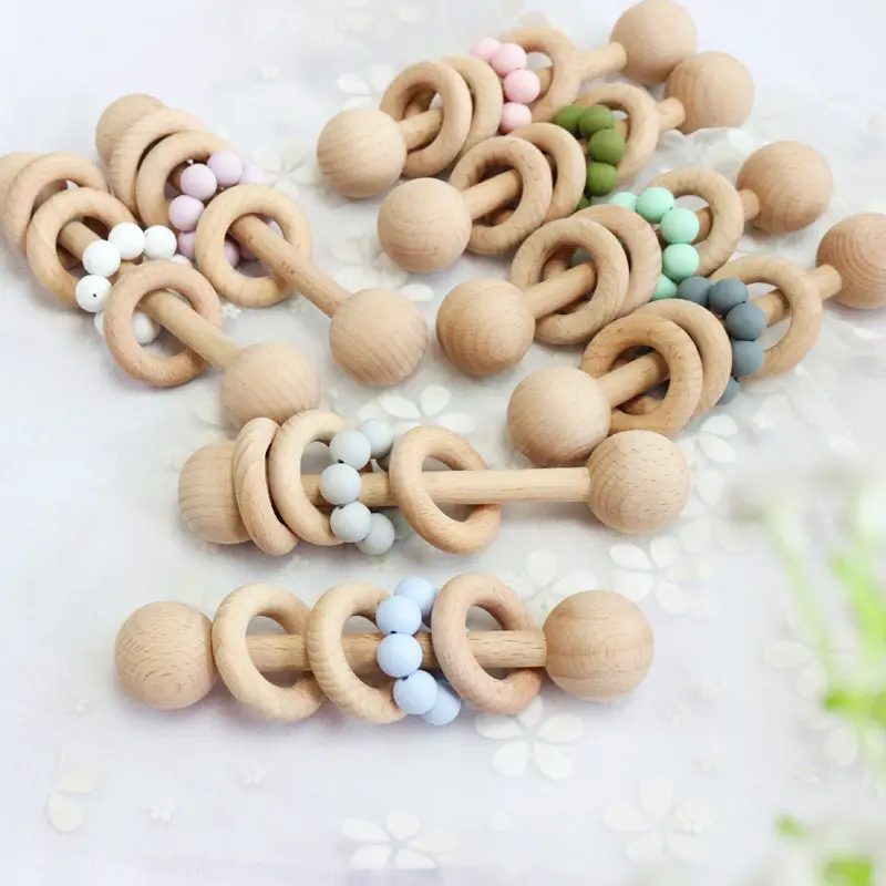 2023 Fast shipping Non-toxic Beech Wood Silicone Beads Crochet Baby rattle Newborn Rattle Toy Baby Rattle Montessori Toy