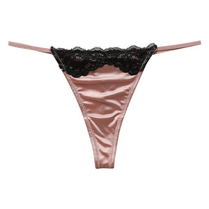 Culotte string ultra-fine en satin tricoté avec dentelle unie pour femme, bretelles latérales sexy, taille basse, lingerie douce et extensible – Vente en gros - Product Image 3