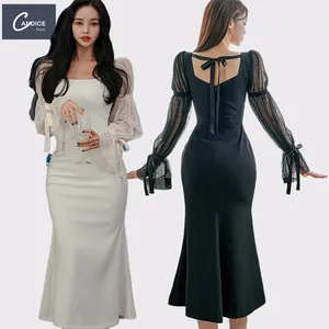 קנדיס 2023 קיץ קוריאני סגנון מזדמן ללבוש סקסי מקסי bodycon ארוך פאף שרוול שמלה