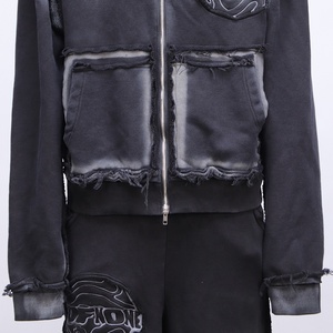 Chất Lượng Cao Tùy Chỉnh Người Đàn Ông Màu Đen Cổ Điển Đau Khổ Pháp Terry Zip up Rửa Axit Quần Bó Sát Và Áo Bộ - Product Image 5