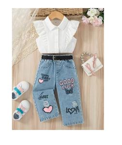 卸売幼児女児服セットノースリーブフリルシャツ+レタープリントデニムジーンズパンツ2点セット服セット - Product Image 1