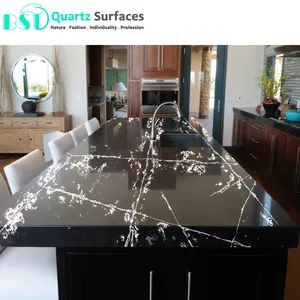 Marble Look Black Quartz Slabs for Window Sill Wholesale Price Polished Table Top White Calacatta Quartz Tiles